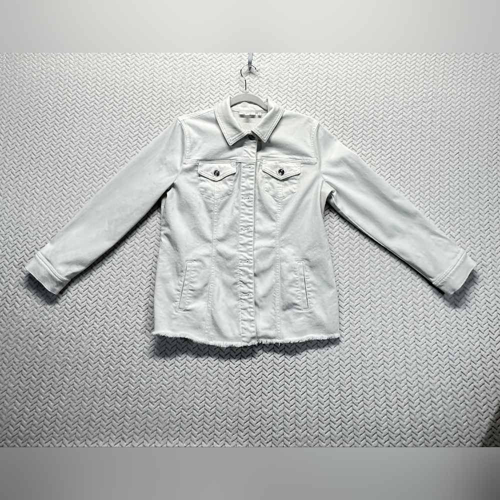 Chicos Platinum White Stylish Denim Jacket Womens Size 1 or Medium EUC